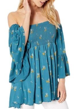 Free People Lana Floral Teal Blue off the shoulder bell sleeve Tunic L